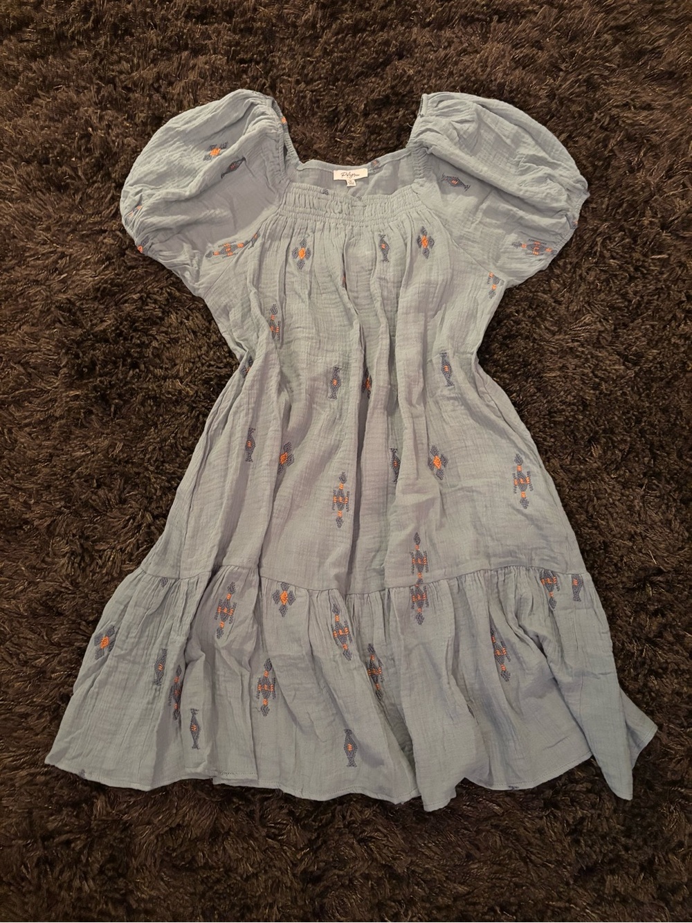 Polagram Light Blue Gauze Dress with Orange & Navy Embroidery